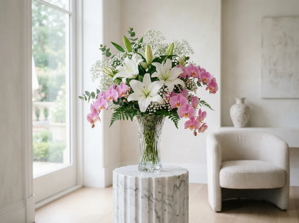 Premium Royal Box arrangement with marigolds and peonies